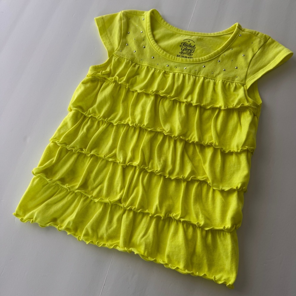 Faded Glory Girls Neon Yellow/Green Ruffle Tiered Top Rhinestone Studded S 6-6X